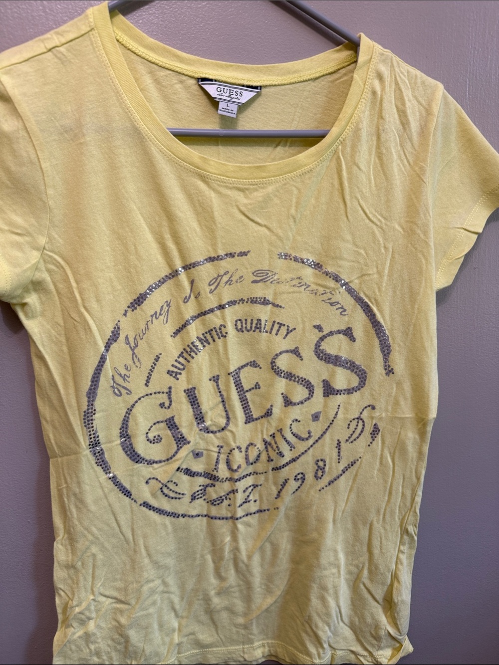 GUESS Yellow Short Sleeve Logo Tee with Metallic Print